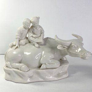 Vintage Porcelain Asian Water Buffalo with Children Reading